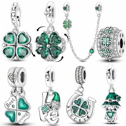 1个镀银绿色四叶草可开合旋转串珠吊坠，适用于手链、项链、DIY首饰制作，圣帕特里克节配饰