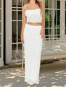 Womens Two Piece Summer Outfits Sleeveless Ruffle Hem Cami Tops And Long Skirt Set Beachwear - White - View 1