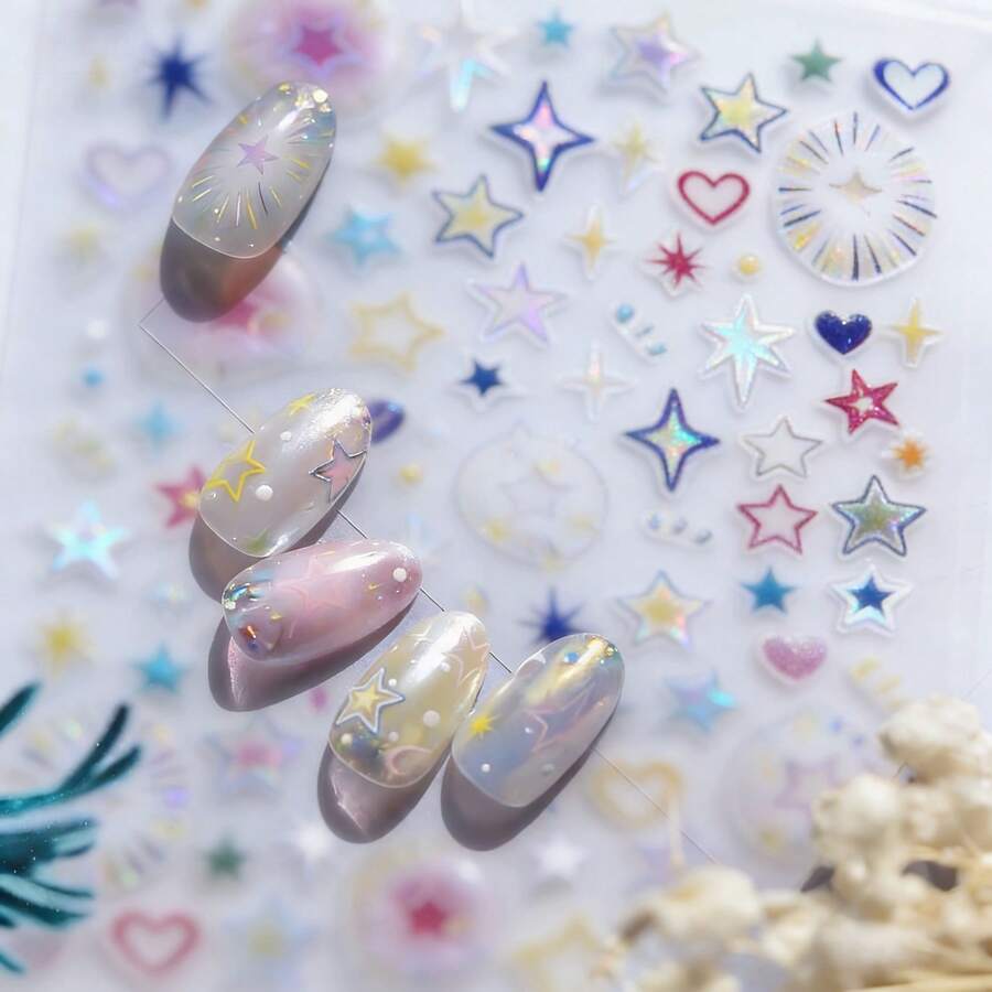 2片可爱INS风激光3D美甲贴纸，多巴胺涂鸦星星镂空贴花，时尚女孩必备 - 均碼 - 查看 1