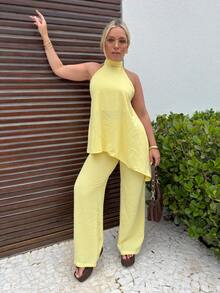 Women's Sleeveless Chocker Neck Tunic Set - Màu vàng - Xem 1