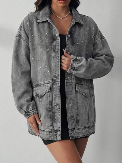Women's Long Sleeve Single-Breasted Rivet Design Casual Loose Denim Jacket