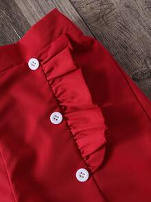 2pcs/Set Toddler Girls' Heart Ruffle Sleeve Round Neck Top And Frill Trim Shorts Set, Spring/Summer - Red and White - View 7