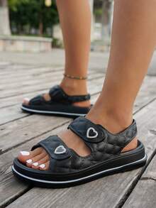 Chanclas casuales negras para mujer ASOFTER, suela gruesa con doble tira y decoración de cristales en forma de corazón, adecuadas para uso diario, temporada de flores de cerezo, Ramadán, temporada de graduación - Negro - Ver 5
