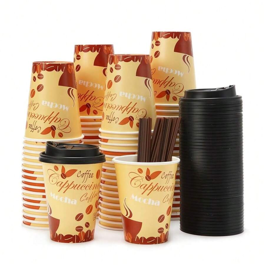 100 PACK 12OZ Disposable Cups With Lids And Stirrers, To Go Coffee Cups With Lids Leak Proof, Coffee Design Brown Paper Cups For Cold/Hot Beverage Chocolate Cocoass - 棕色 - 查看 1
