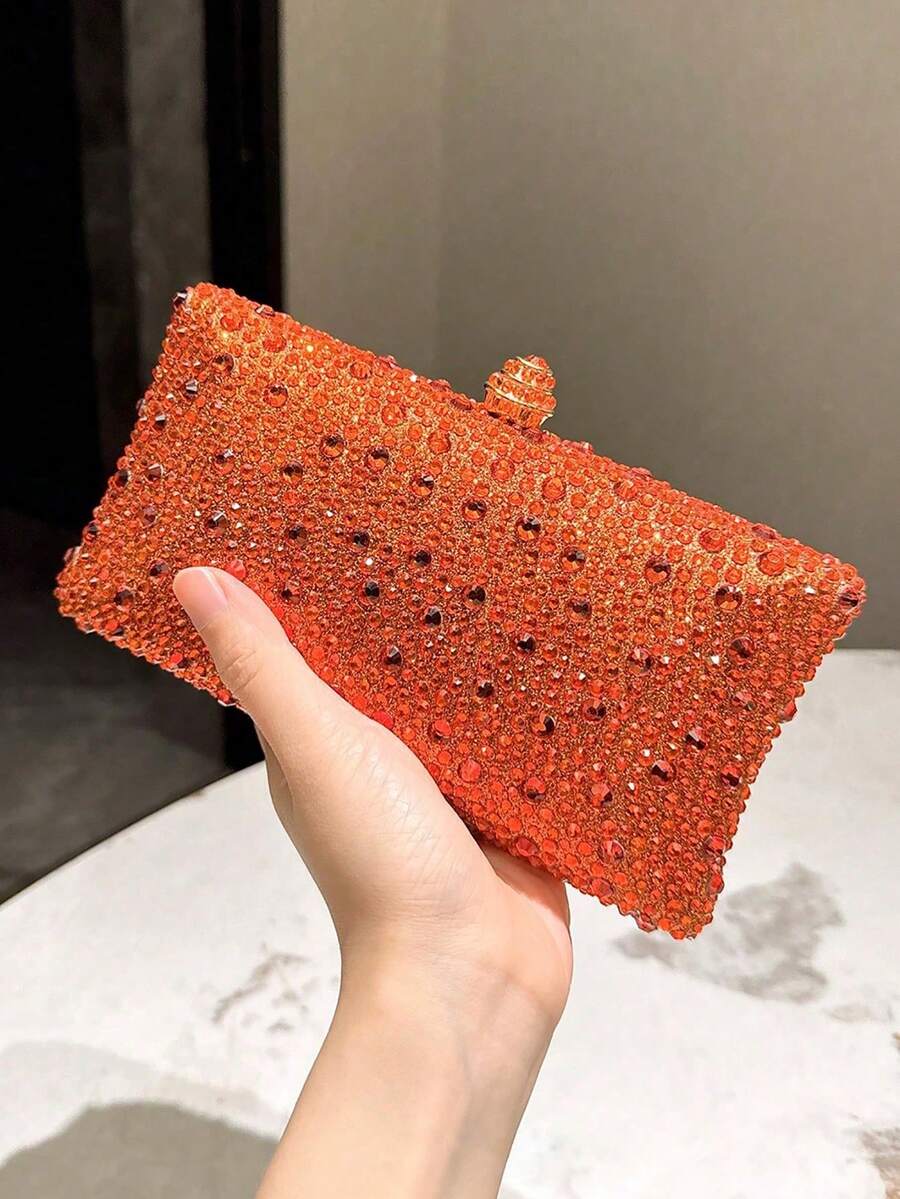 1个橙色亮片双面水钻装饰手拿包,金属链条肩带,时尚优雅晚宴包,经典正式派对婚礼新娘手拿包,适合正式场合、派对、婚礼、音乐节,女士礼物 - 橘色 - 查看 1