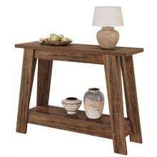 LITTLE TREE 105cm Rustic Brown Farmhouse Console Table - 2-Tier Narrow Entryway Table With Storage For Living Room Hallway Foyer Behind Couch - Brown - View 9