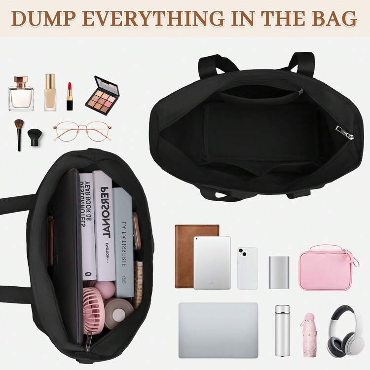 NEWHEY Men's Canvas Tote Bag, Waterproof Large Capacity Work Bag With Zipper, Anti-Theft Shoulder Messenger Bag, Suitable For Casual, School, Business, Travel, Daily Use, Lightweight, Black, Bags For Traveling, Travel Bags - Multicolor - View 3