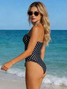 Traje de baño monokini de verano para mujer, sin mangas, con hombros descubiertos y estampado de lunares. - Negro - Ver 6