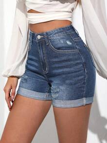 Quần short denim nữ cơ bản ôm sát, đơn giản, nâng hông, kiểu dáng mùa hè mới, mang phong cách Âu Mỹ thời thượng, phù hợp với phong cách thanh lịch, đi biển, phong cách bohemian. Thường ngày. - Màu xanh lam - Xem 5