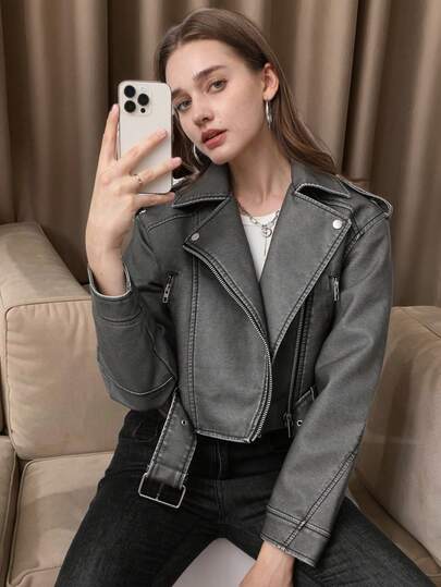 Smileader Women's Fall/Winter Street Wear Faux Leather Cropped Biker Jacket