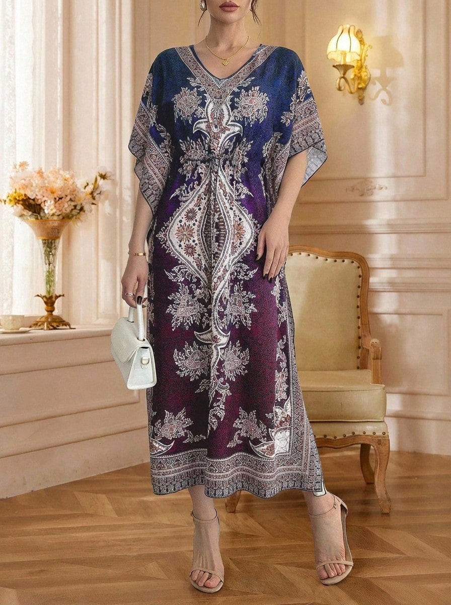 Solessence Mittlerer Osten/Arabischer Stil luftiger V-Ausschnitt atmungsaktives hochwertiges lässiges Umwandlungs-Taille schlankemachendes Urlaubs-Kurzarm-Kleid, Abaya in Große Größen - Violett - Übersicht 1