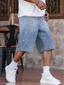 European And American Teenage Boys' Yin Yang Patchwork Blue And White Rhinestone Embellished Casual Denim Shorts - Light Wash - View 3