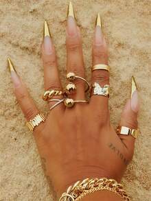 7Pcs Edgy Golden Ring Set, Multi - Style Stackable Rings With Twisted Chain, Bead & Textured Designs, Women's Hip - Hop Fashion Jewelry For Layering - Yellow Gold - View 1