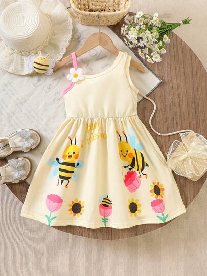 Vestido sin mangas con estampado de abeja y decoración floral, vestido casual de verano para niña, para uso al aire libre