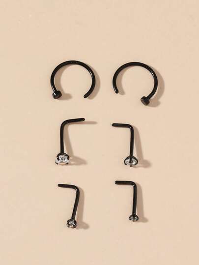 6pcs Stainless Steel Claw Zirconia Nose Studs L-Shaped Mini Nose Rings Facial Piercing Jewelry