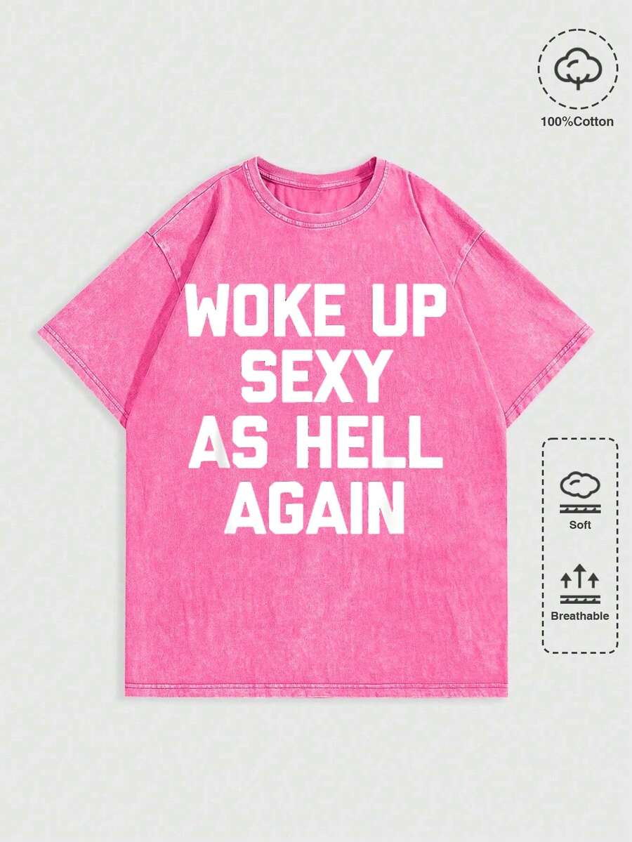 Acid Washed Retro Clothes Women I Woke Up Sexy As Again Funny Sarcastic Women Saying T-Shirt ,Soft & Lightweight Skin-Friendly 100% Cotton T Shirt Cute Tops,100 Days Of School,Spring Clothes,Summer Tops For Women - 粉色 - 查看 1