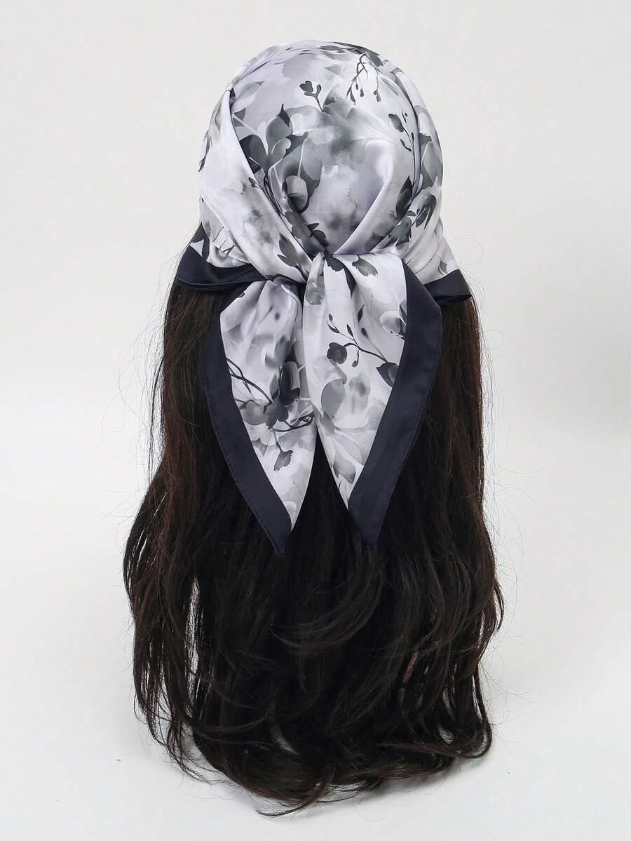 1pc Women's Bandana Scarf With Floral & Leaf Ink Painting Style Print - Multicolor - View 1