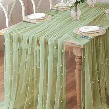 1pc Mint Green Table Runner | Pearl Tulle Handmade Fabric, Wrinkle-Resistant Polyester, Suitable For Valentine's Day, Weddings, Perfect For Table Decorations - Mint Green - View 2