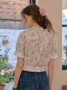 Simple Retro Áo sơ mi nữ đơn giản phong cách retro mùa xuân/hè, phối ren, màu tương phản, cổ đứng nhỏ, in họa tiết tie-dye, màu trắng, lãng mạn, thanh lịch, cổ điển, tay ngắn, kiểu dáng thường ngày. - trắng - Xem 2