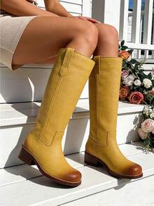 Women's Pull On Vintage Campus-Inspired Cowboy Boots Squared Toe Western Knee High Boots Fashionable Stacked Low Heels Booties - 黃色 - 查看 3