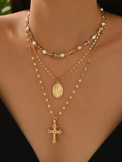 3pcs/Set Vintage Colorful Crystal Butterfly & Faux Pearl Handmade Chain Necklace, Cross & Virgin Mary Pendant, Versatile Layered Or Single Wear For Daily, Party, Music Festival, Photo Shoot