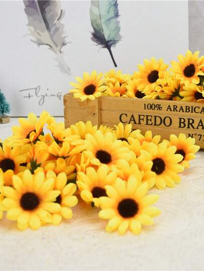 100 piezas de cabezas de flores artificiales amarillas Minicabezas de girasol falsos de seda para accesorios de boda, decoración de baby shower, decoración de primavera, manualidades florales DIY, adecuado para hacer centros de mesa, artesanías, fiestas, jardín, sala de estar, decoración del hogar