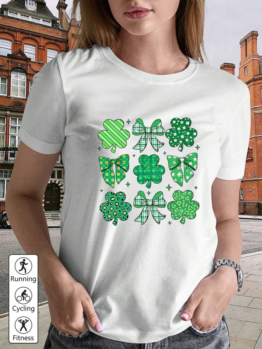 1pcs Four-Leaf Clover And Bowknot Combination Pattern, The Four-Leaf Clover Uses Green Textures Such As Stripes, Plaid, And Floral, And The Bowknot Matches The Corresponding Texture Design Suitable For Spring And Summer Casual Clothing, Women's T-Shirts, Seasonal Clothing, Artistic Design, Soft Material, Lightweight Shirt, Spring And Summer Fashion, Comfortable Fabric, Printed T-Shirt 180gLadies Relaxed Fit Short Sleeve Shirt Easy To Match - 白色 - 查看 1