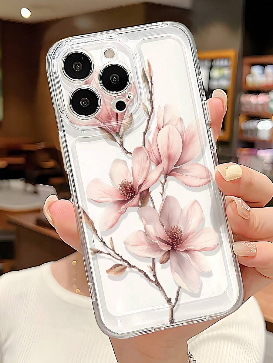 1pc Elegant Tie-Dye Magnolia Flower Pattern Transparent Soft Phone Case, Anti-Slip, Compatible With Iphone 11/12/13/14/15/16/17 Pro Max - Multicolor - View 1