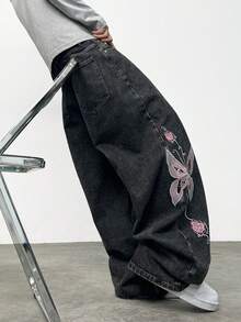 1pc American Street Fashion Butterfly Embroidered Loose Wide-Leg Jeans, Comfortable Casual Jeans For Men, All Season - Black - View 2