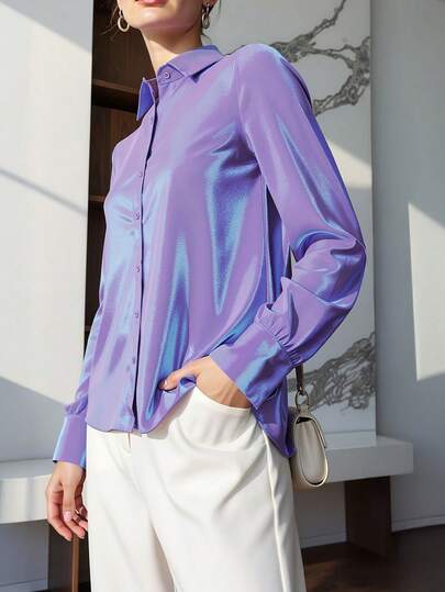 HOMEYEE Elegant Women's Long Sleeve Gradient Glossy Luxurious Button-Front Vintage Blouse, Office Fashion