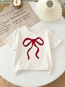 2pcs/Set Young Girl' Sweet Vibe Burgundy Bow Print Top, Fashionable Outfit - White - View 3