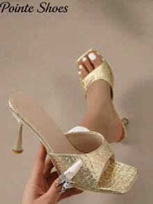 New Fashion Simple European And American Style Square Toe High Heel Ladies Sandals For Commuting And Versatile Wear - Gold - View 1