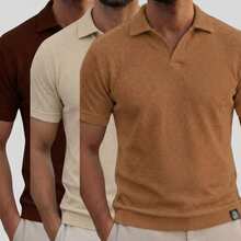 Kit Of 3 Textured Italian Polo Shirts Without Buttons, Slim Sleeves. - Beige, marrón y caramelo - Ver 1