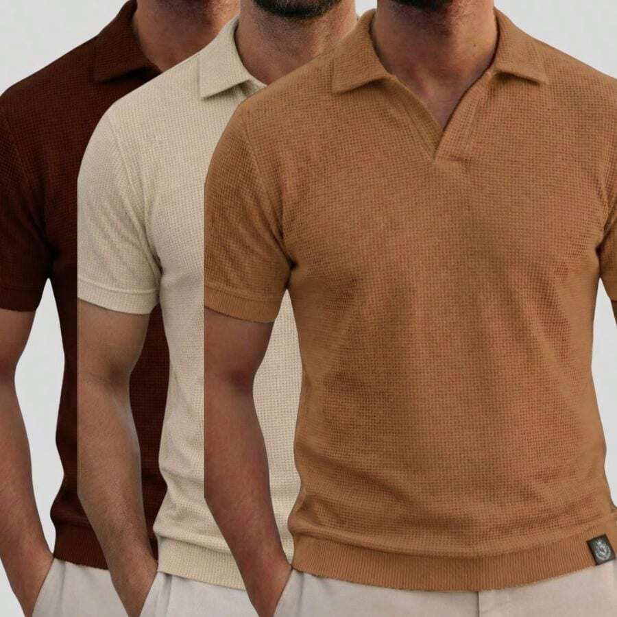 Kit Of 3 Textured Italian Polo Shirts Without Buttons, Slim Sleeves. - Beige, marrón y caramelo - Ver 1