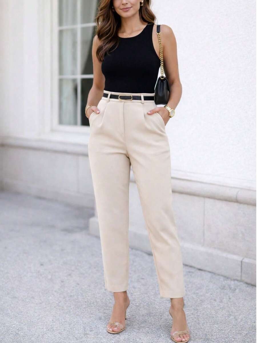 Calça Alfaiataria Feminina Bege com Cinto Moda Social  Tecido    Bolso  Zíper    Escritório - Bege - Visão 1