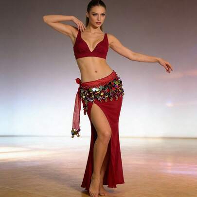 Bauchtanz-Outfits mit Glitzer-Pailletten und Quasten-Röcken, modische Tanztaille-Gürtel-Röcke für Bauchtanz und Halloween