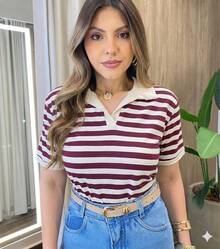 Women's Striped Polo Shirt, Basic Work/Everyday T-Shirt, Viscose/Knit Fabric, Short Sleeves. - Màu Đỏ Sâu - Xem 1