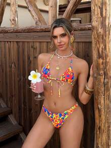 Maiô Bikini Halter com Estampa Floral Feminino - Ousado, Elegante, Casual, Sexy, Roupa de Banho da Moda Adequada para Primavera/Verão, Vestuário de Primavera, Festivais, Férias, Festas na Piscina, Atividades ao Ar Livre, Uso Diário - Multicolorido - Visão 5