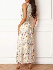 Women's Elegant Sleeveless Printed Dress, Front Button Design, Woven Fabric, Elegant Summer Dress For Women, Elegant Party Dress Vacation - Multicolor - View 3