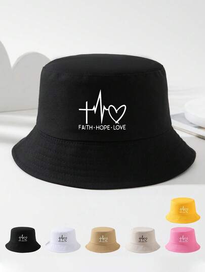 1顶男女通用“信仰、希望、爱”印花透气渔夫帽，多功能户外运动旅行沙滩必备遮阳帽