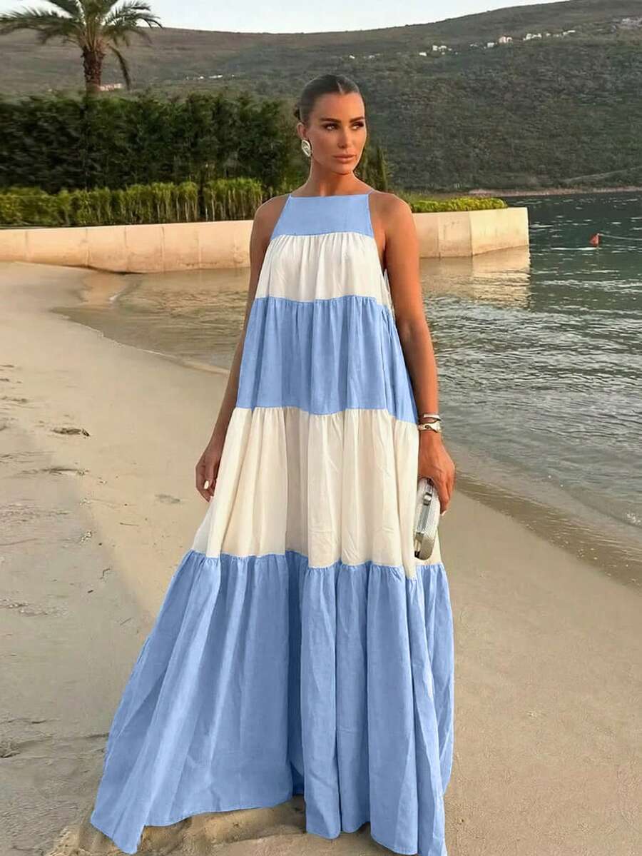 2026春夏新款时尚优雅休闲通勤日常约会假日茶会撞色露背连衣裙，女士假日装扮，Y2K风格，黑白连衣裙，度假连衣裙，优雅派对连衣裙，沙滩连衣裙，情人节连衣裙，女士夏季连衣裙，生日连衣裙，夏季假日装扮，春季假日装扮，女士情人节装扮，女士沙滩装扮，2026嘉年华女士造型，女士休闲连衣裙，黑色连衣裙，长款连衣裙，度假连衣裙