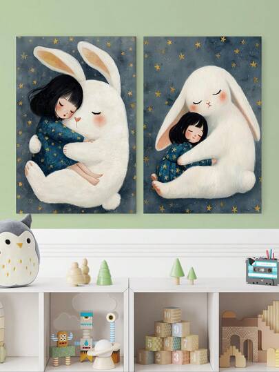 1pc Painting Canvas Wall Art - Baby Goods, Baby Girl Hugging Rabbit Illustration - Warm Children's Room Decor - Nursery Art Print - Framed Nursery Wall Art Perfectly Suited For Playroom Decor Nursery Decor, Childcare Room Decor, Kindergarten Decor, Boy's Room Decor, Girl's Bedroom Decor, Children's Room Decor