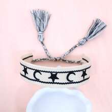 1pc Handmade Woven Bracelet With Embroidered Star - Black and White - View 2