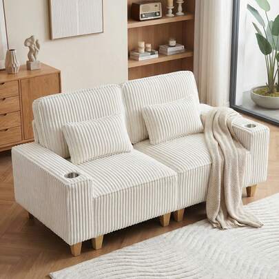 70.8" Corduroy Upholstered Loveseat Sofa,Comfy Sofa Couch With Cupholders And Side Pocket,Modern 2 Seater Deep Seat Couch Suitable For Living Room,Apartment And Small Places,Beige