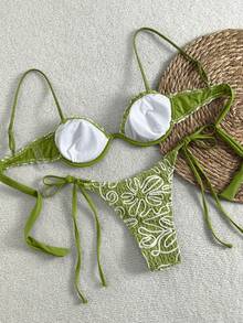 女士刺绣钩编比基尼套装，带钢圈文胸和侧系带泳裤，打造时尚海滩造型 - 綠色 - 查看 3