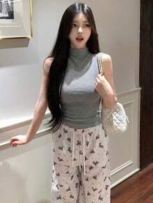 American Sexy Lady Grey Sleeveless Mock Neck Tight Fit Tank Top, Stretchy & Slimming, Summer - Grey - View 6