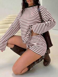 GAOVOT Ensemble 2 pièces femme d'été décontracté, t-shirt à manches longues col rond avec blocs de couleurs et rayures, short ample à taille élastique. Élégant pour le printemps - Rayures roses et brunes - Voir 5