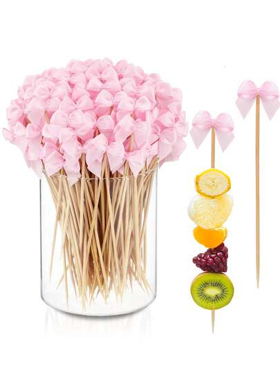 100/50pcs Pink Bow Fruit Picks, Approx. 4.7 Inches (11.9cm) Long, Fruit Skewers, Cake Decorations, Food Toothpicks, Suitable For Sandwiches And Appetizers, Handmade With Bamboo And Wood, Great For Birthday, Wedding And Holiday Party Decor