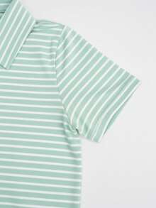 1pc Young Girl' Mint Green Striped Polo Shirt, Short Sleeve, Fresh Summer Style - Green - View 4