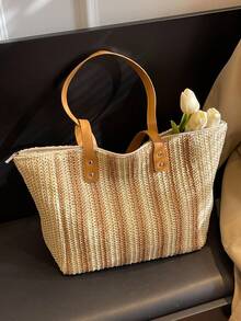 1pc New Women's Shoulder Tote Bag, Straw Craft Striped Pattern, Elegant Fashionable Versatile Casual Commute Gift, Large Capacity Stylish Bag - Khaki - View 2